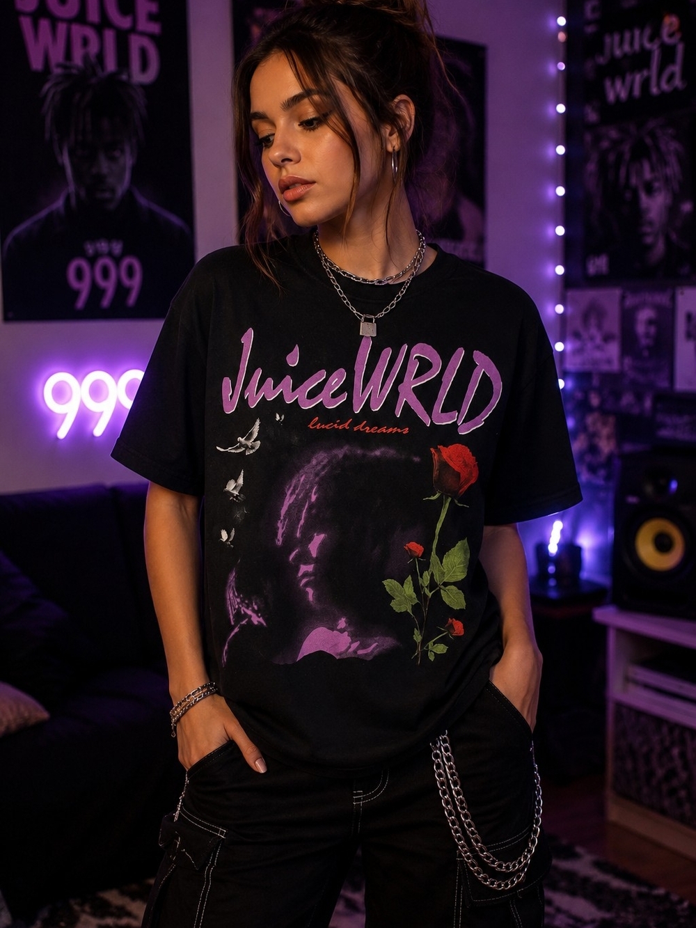 Juice WRLD Black Graphic Tee with Purple & Red Print